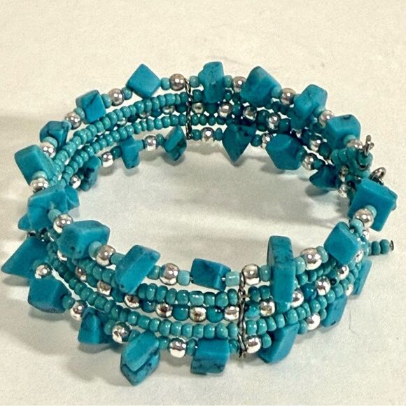 Turquoise Wide Chunky Multi-Strand Beaded Coiled Bangle Bracelet, Stretchy - Picture 9 of 9